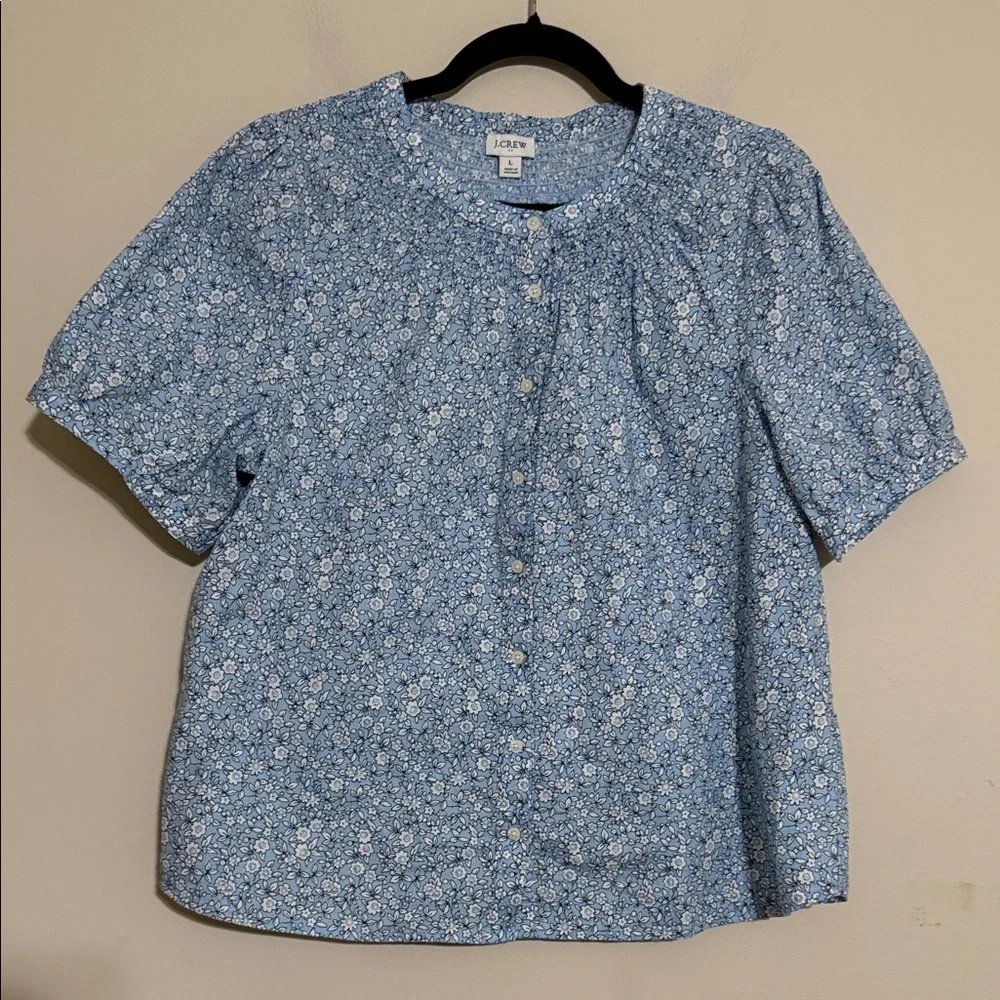 J crew destination Light Blue daisy Floral Blouse top women L button front boho - Picture 2 of 10